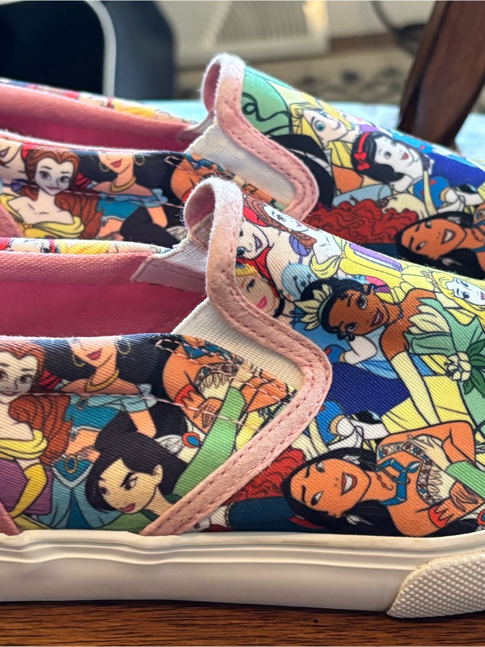 Disney Girls' Slip-On Sneakers with Multicolor Princess Print and Pink Trim
